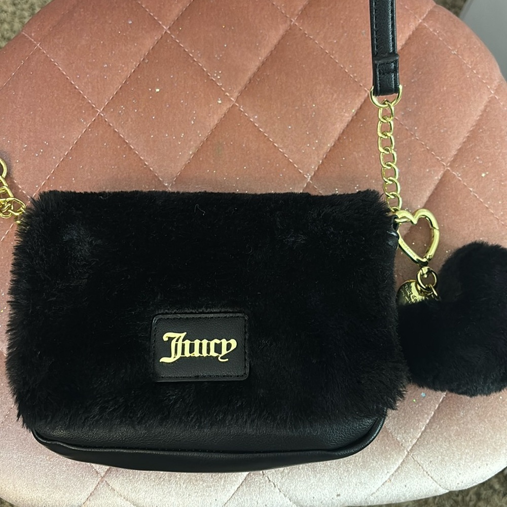 Juicy Couture Black Fur CrossBody Heart Pom Pom Bag